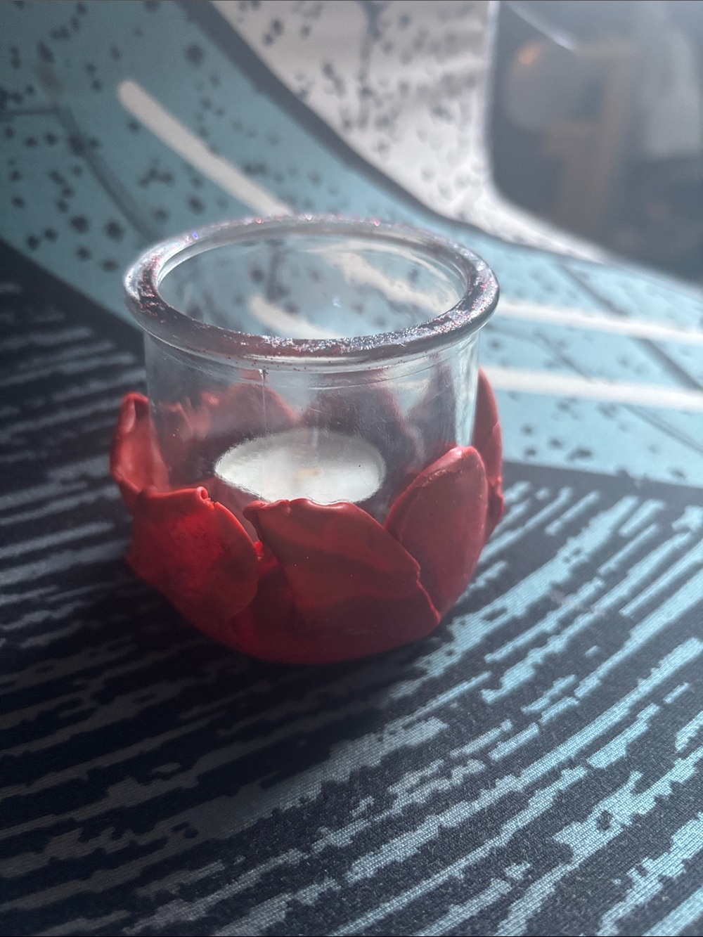 Handcrafted Clay Decorated Glass Holder with rose petal accents
